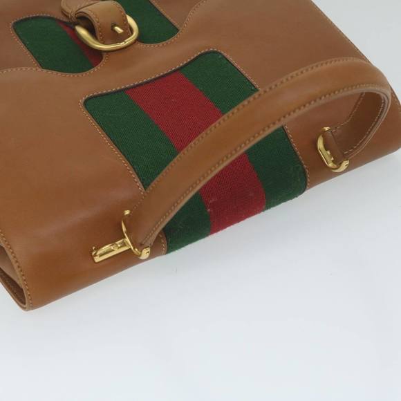 GUCCI Web Sherry Line Hand Bag Leather 2way Brown Red Green Auth 62520 - Picture 6 of 16